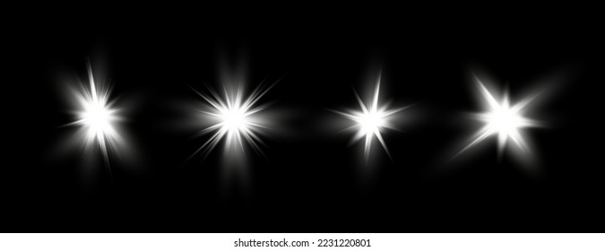 Solar glare.Glow isolated white transparent light effect set, lens flare, explosion, glitter, line, sun flash, spark and stars.