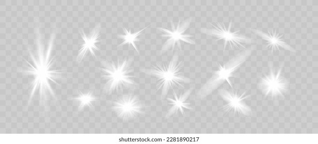 Solar glare.Glow isolated white transparent light effect set, lens flare, explosion, glitter, line, sun flash, spark and stars. Beautiful optical lens flare effect sun light.