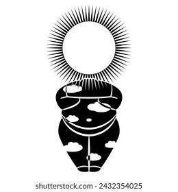 Solar goddess. Fantastic woman with her body as cloudy day sky and shining sun as her head. Creative funny concept. Great mother of nature. Black and white silhouette.