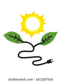 Solar Green Energy Concept. A Yellow Sun Above Two Green Leaves Attached To A Power Chord That Signifies Energy And Power.