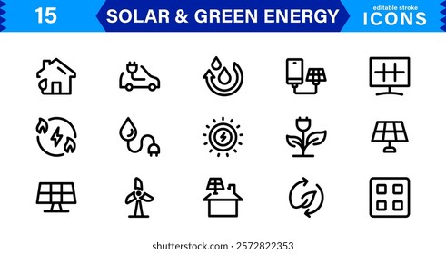Solar and Green Energy Icon Set. Eco-Friendly Illustrations for Renewable Power, Solar Panels, and Sustainability Solutions