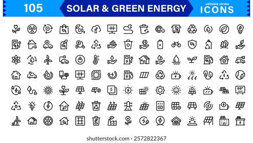 Solar and Green Energy Icon Set. Eco-Friendly Illustrations for Renewable Power, Solar Panels, and Sustainability Solutions