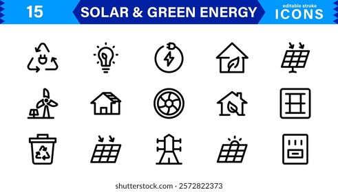 Solar and Green Energy Icon Set. Eco-Friendly Illustrations for Renewable Power, Solar Panels, and Sustainability Solutions