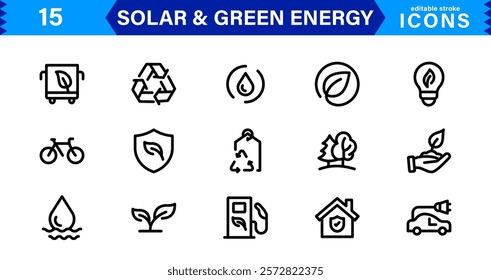 Solar and Green Energy Icon Set. Eco-Friendly Illustrations for Renewable Power, Solar Panels, and Sustainability Solutions