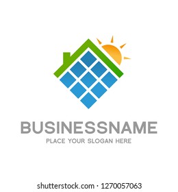 Solar home logo template. Solar panel and sun vector design. Renewable energy illustration.