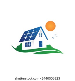 Solar home and sun save energy power and natural electricity solar battery. Recycling energy technology for earth green environmental conservation. Vector illustration