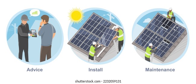 Solar house service process concept for customer home advice install and maintenance clean isometric isolate vector