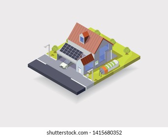 solar house vector isometric illustration, house with battery and solar panels