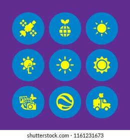 solar icon. 9 solar set with space, satellite, sunblock and sun vector icons for web and mobile app