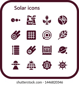 solar icon set. 16 filled solar icons.  Collection Of - Solar system, Nuclear plant, Green energy, Geothermal, Asteroid, Grid, Renewable energy, Spacing, Meteorite, Hydro power