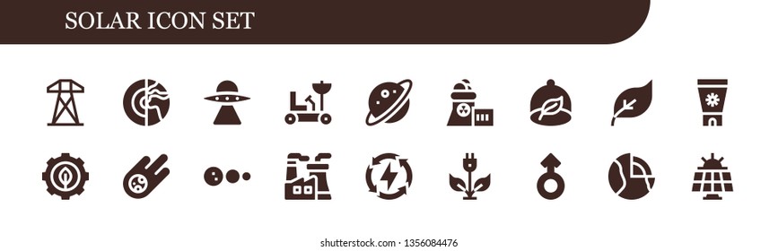 solar icon set. 18 filled solar icons.  Simple modern icons about  - Electric tower, Planet, Aliens, Moon rover, Nuclear plant, Ecologism, Green energy, Sun cream, Meteorite, Solar system