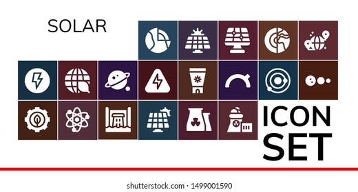 solar icon set. 19 filled solar icons.  Collection Of - Geothermal, Electricity, Green energy, Solar system, Hydro power, panel, Nuclear plant, Ecology, Orbit, Energy, Sun cream