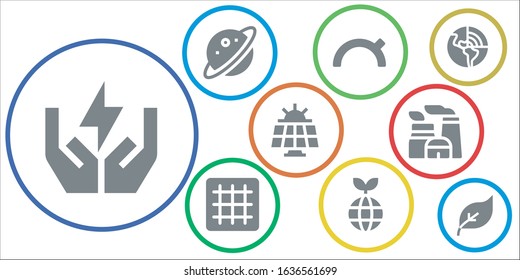 solar icon set. 9 filled solar icons.  Simple modern icons such as: Save energy, Planet, Evening, Grid, Solar panel, Nuclear plant, Geothermal, Green energy