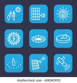 Solar icon. set of 9 outline solar icons such as satellite, solar panel, sun battery, sundial