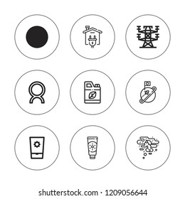 Solar icon set. collection of 9 outline solar icons with astral, comet, electric tower, energy, green power, planet, renewable energy, sun block icons. editable icons.