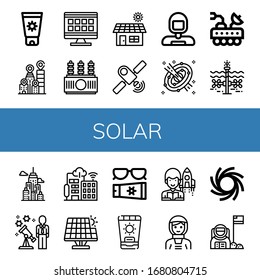 solar icon set. Collection of Sunscreen, City, Grid, Power transformer, Solar, Satellite, Astronaut, Space, Moon rover, Tidal, Stargazing, Smart city, Renewable energy, Sun cream icons