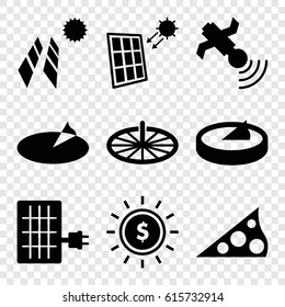 Solar icons set. set of 9 solar filled icons such as satellite, solar panel, sundial