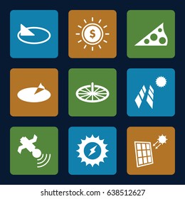 Solar icons set. set of 9 solar filled icons such as satellite, sundial