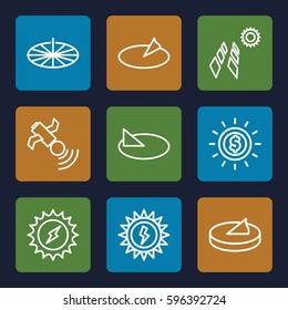 solar icons set. Set of 9 solar outline icons such as satellite, sun battery, sundial