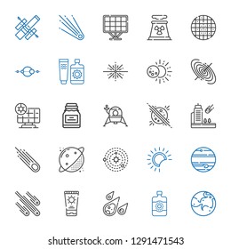 solar icons set. Collection of solar with mars, sun lotion, meteorite, sun cream, meteorites, jupiter, eclipse, solar system, planet, asteroid. Editable and scalable icons.