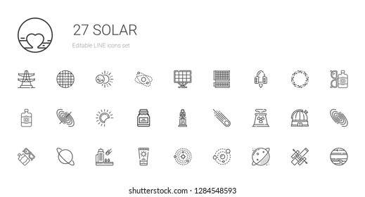 solar icons set. Collection of solar with planet, solar system, sun cream, meteorite, uranus, sun lotion, nuclear plant, asteroid, astronaut. Editable and scalable solar icons.