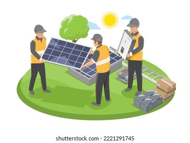 Solar installer team service ecology green concept for customer house ecology and eco business isometric isolate vector