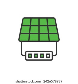 Icono de inversor solar en diseño de línea, verde. Inversor, solar, energía, energía, DC, AC, panel, fotovoltaico aislado en vector de fondo blanco. Icono de trazo editable del inversor solar.