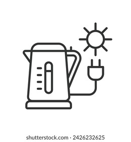Solar Kettle icon in line design. Kettle, icon, water, heat, sun, energy, boil, hot, portable isolated on white background vector. Solar Kettle editable stroke icon.
