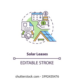 Solar leases concept icon. Using produced power of battery idea thin line illustration. Leasing arrangement and monthly payments. Vector isolated outline RGB color drawing. Editable stroke