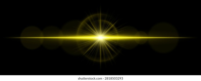 Solar lens flare. Intense radiance, atmospheric glow, light beam, circular reflections, celestial energy, space backdrop, astronomy theme, visual effects, digital artwork, transparency.