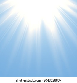 Efecto de la luz solar. El brillo dorado de los rayos solares. Luz solar brillante aislada y realista. Rayos amarillos brillantes de atardecer feroz, bengala estelar solar. Fondo del cielo azul. Ilustración del vector del clima soleado