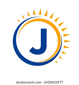Solar Logo On Letter J Concept With Sun Icon. Solar System Symbol