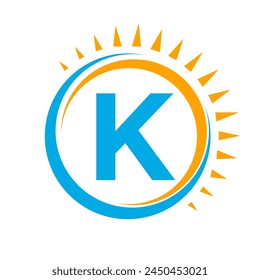 Solar Logo On Letter K Concept With Sun Icon. Solar System Symbol