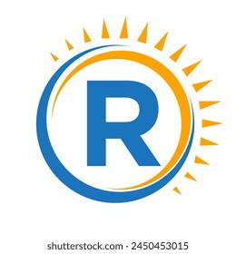 Solar Logo On Letter R Concept With Sun Icon. Solar System Symbol