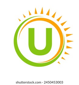 Solar Logo On Letter U Concept With Sun Icon. Solar System Symbol