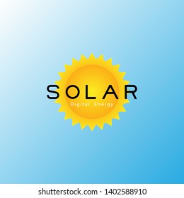 Solar logo. Sun with text Solar Digital Energy on blue gradient background