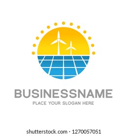 Solar logo template. Solar panel and sun vector design. Renewable energy illustration.