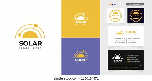 Solar logotype template with creative modern concept logo and business card design premium. Abstract sun icon with orbits planets in round. Vector illustration.