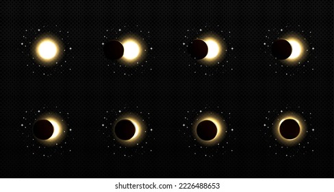 Solar or lunar eclipse animation set isolated on transparent background. Different phases of natural phenomenon glowing in space. Bright star hiding behind planet shadow. Realistic vector illustration