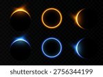 Solar or lunar eclipse with bright flare. Realistic solar or lunar eclipse PNG. Phases of a solar eclipse. Natural phenomenon.
