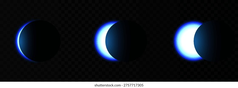 Solar or lunar eclipse with bright flare. Realistic solar or lunar eclipse PNG. Phases of a solar eclipse. Natural phenomenon.