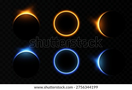 Solar or lunar eclipse with bright flare. Realistic solar or lunar eclipse PNG. Phases of a solar eclipse. Natural phenomenon.