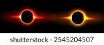 Solar or lunar eclipse circles set isolated on black background. Vector realistic illustration of neon orange and red light rounds with glowing effect, sun shining behind planet globe in dark space