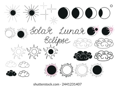 Solar and lunar eclipse icons collection isolated on white background. Big vector set for astrological forecast design, horoscope or astronomical illustration or other using. Not AI created.