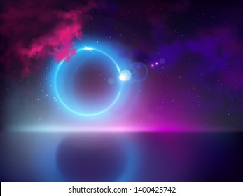 Sonnen- oder Mondfinsternis mit Lichtstrahl, Strahl-Abreißen von versteckter Mondscheibe 3d realistische Vektorgrafik. Leuchtende Farben, Hintergrund mit blauen, violetten Wolken am Nachthimmel, Halbreflexion auf der Wasseroberfläche