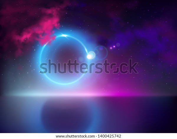Solar or lunar eclipse with light ray, beam tear\
away from hidden moon disc 3d realistic vector. Fluorescent colors\
background with blue, violet clouds on night sky, halo reflection\
on water surface
