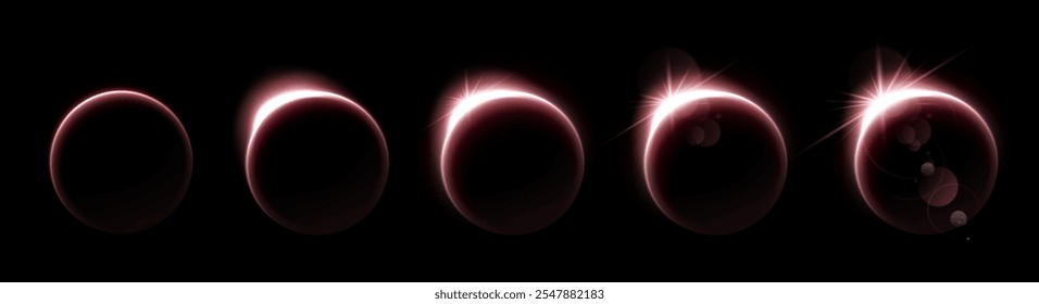 Folha da imagem da fase do eclipse solar ou lunar sobre fundo preto. Ilustração realista vetorial do círculo de luz de néon com efeito de clarão, borda do sol brilhando atrás do globo do planeta no espaço, céu noturno