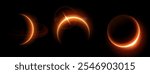 Solar or lunar eclipse phases set isolated on black background. Vector realistic illustration of neon orange light circle with flare effect, sun shining behind planet globe in dark space, night sky