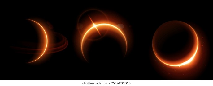 Fases do eclipse solar ou lunar são isoladas no fundo preto. Ilustração realista vetorial do círculo de luz laranja neon com efeito de clarão, sol brilhando atrás do globo do planeta no espaço escuro, céu noturno