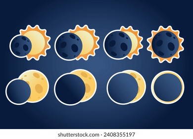 Solar, lunar eclipse stickers in flat cartoon style